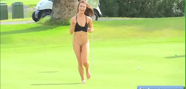  Sensual teen amateur Anyah run naked on the golf course and finger fuck her wet pussy deep